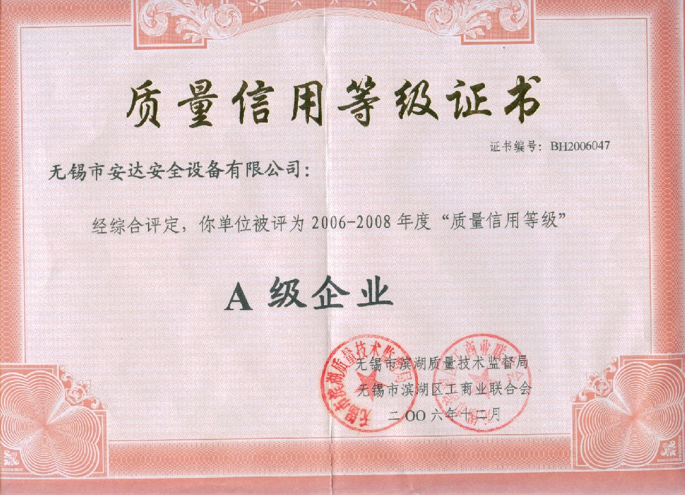 質量技術監督局：質量信譽等級證書