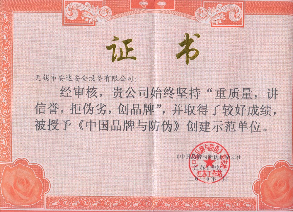 中國品牌與防偽示范單位證書
