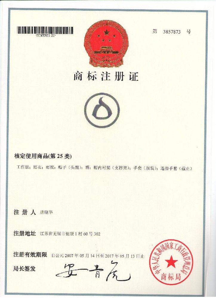 安達商標證書